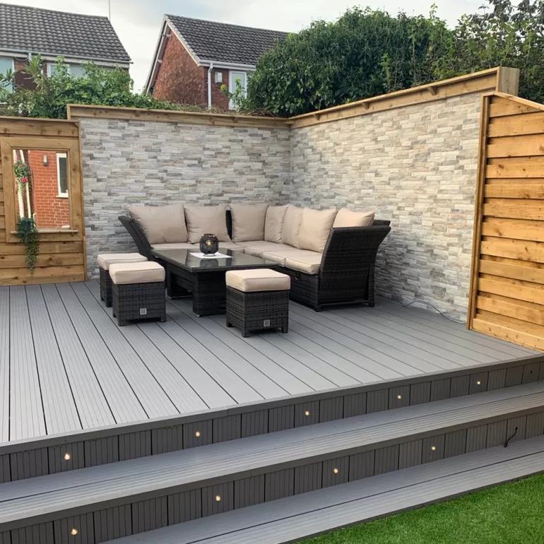 Create different levels

If you have a small garden, you can make it look bigger by adding layers. Or, if your garden is large, you can use layers to create more intimate seating areas.

Lighter colours are a good option for creating different platforms in small spaces, while darker colours like stone
 add a striking contrast in bigger green spaces.